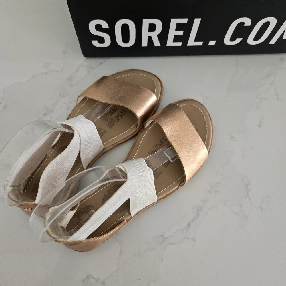 Sorel Ella Elastic Ankle Strap Gladiator Sandal Rose Gold Metallic Leather 6.5 - Picture 3 of 6